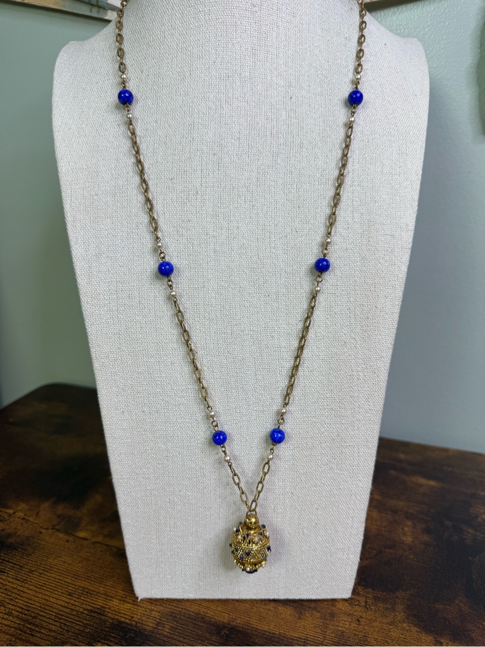 Vintage Gold Necklace with Royal Blue Beads and Ornate Pendant